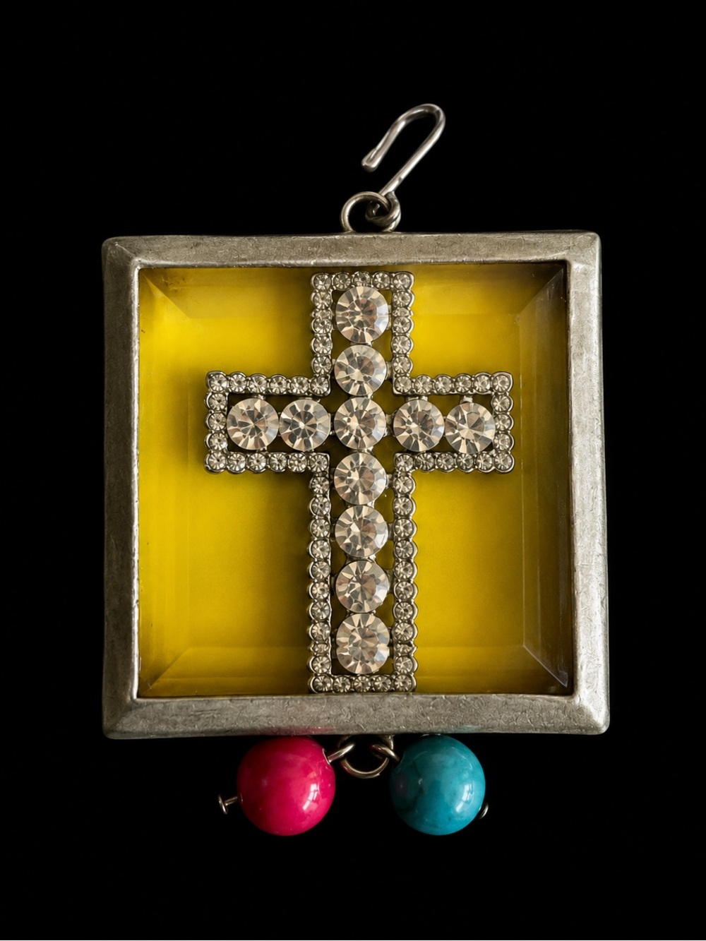 Crystal Cross Square Pendant with Yellow Background and Colorful Beads